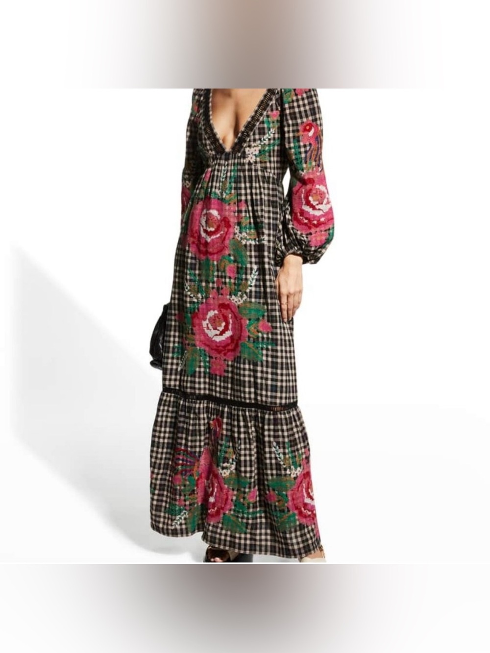 Farm Rio Woman’s Size Small Cross Stitch Rooster Embroidered Maxi Dress. NWT